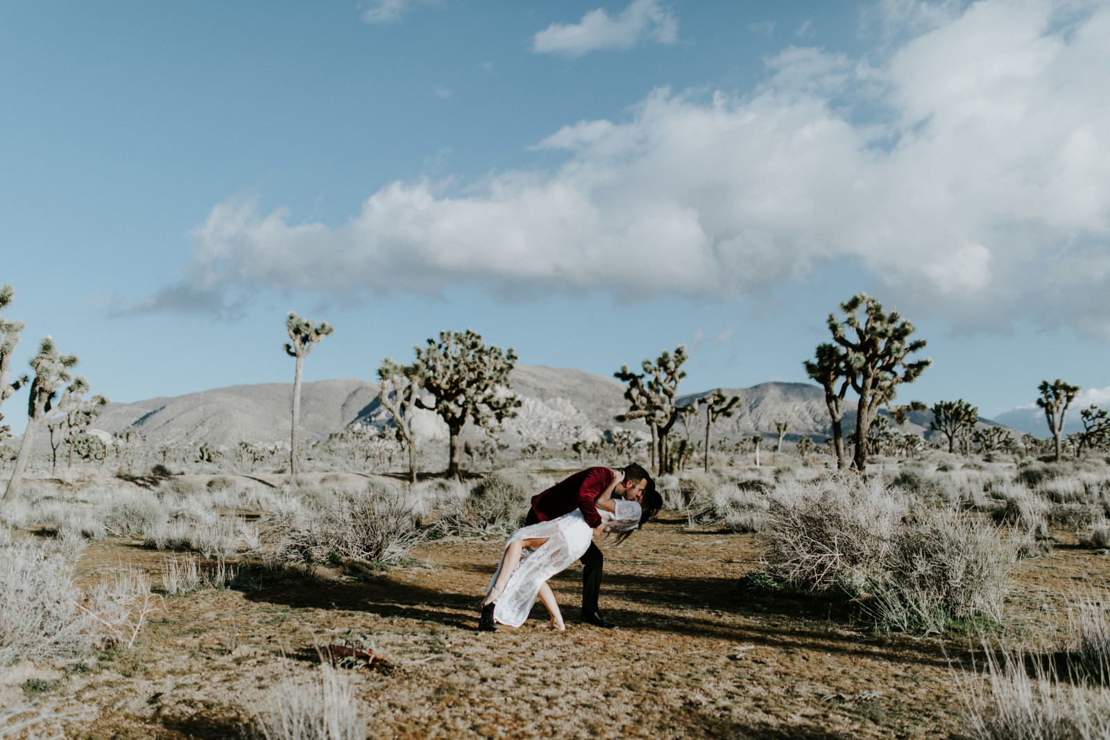 Jeremy and Alyssa kiss at Joshua Tree National Park, CA Elopement wedding photography at Joshua Tree National Park by Sienna Plus Josh.