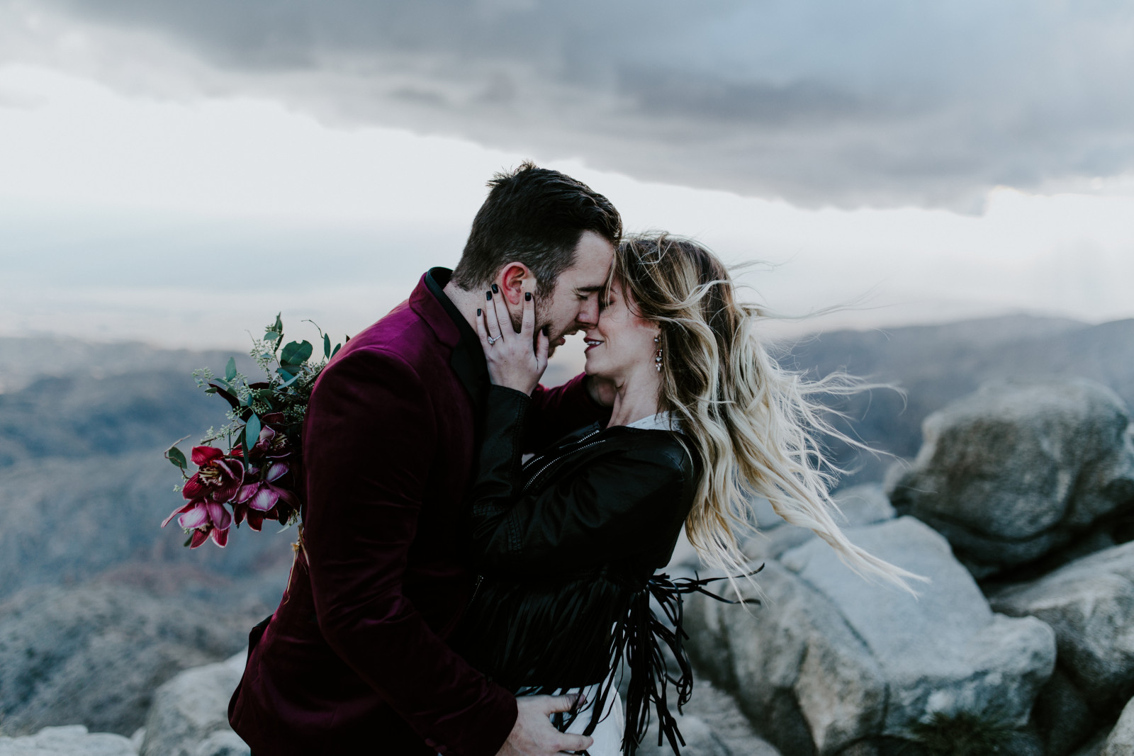 Jeremy and Alyssa face each other. Elopement wedding photography at Joshua Tree National Park by Sienna Plus Josh.