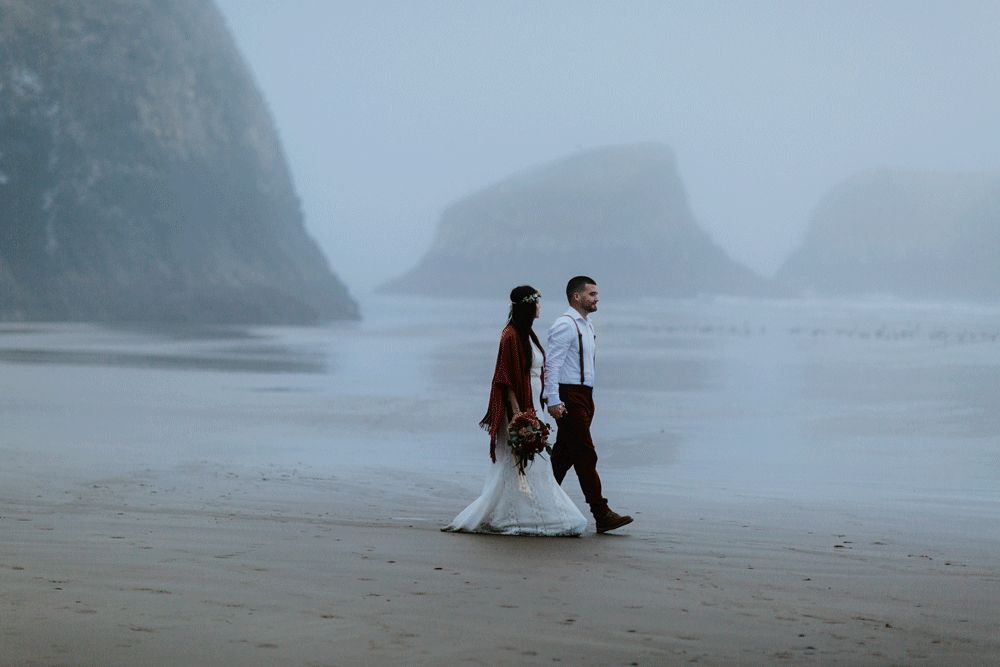 TJ and Allison take a stroll on the beach in Ecola State Park.