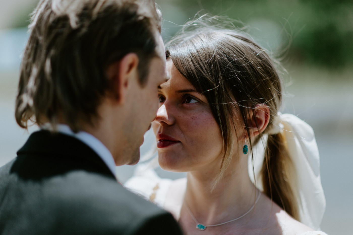 Emily and Greyson share a moment. Elopement photography in the Central Oregon desert by Sienna Plus Josh.