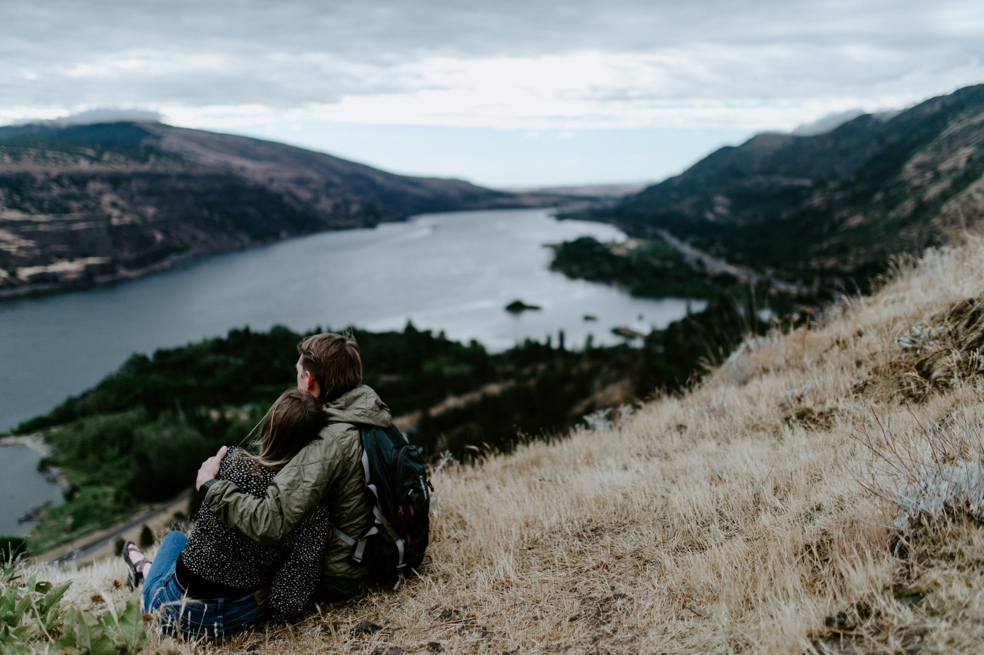 Greyson and Emily sit together. Elopement photography at Rowena Crest by Sienna Plus Josh.