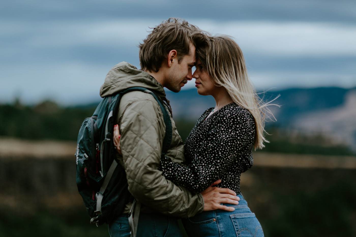 Emily and Greyson forehead to forehead. Elopement photography at Rowena Crest by Sienna Plus Josh.