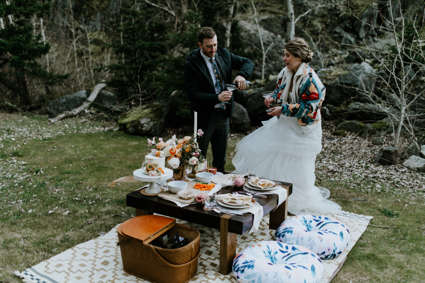 Lennie pours Allison a glass of champagne. Elopement photography at Columbia River Gorge by Sienna Plus Josh.