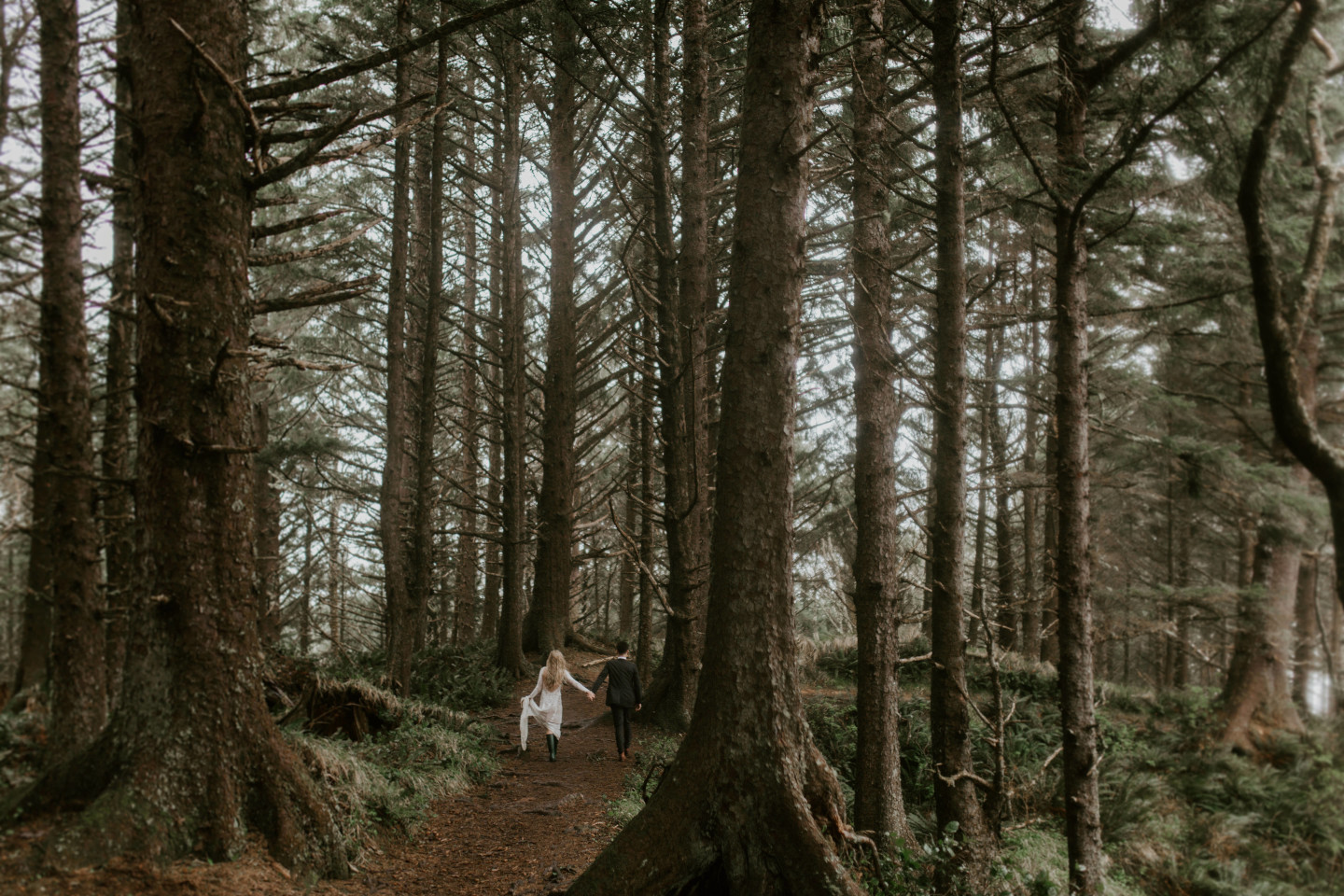 Hannah and Grant walk along the path of Cannon Beach, Oregon. Wedding photography in Portland Oregon by Sienna Plus Josh.