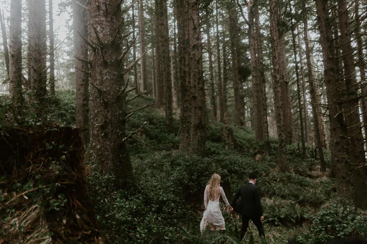 Hannah and Grant walk through the woods in Cannon Beach, Oregon. Wedding photography in Portland Oregon by Sienna Plus Josh.