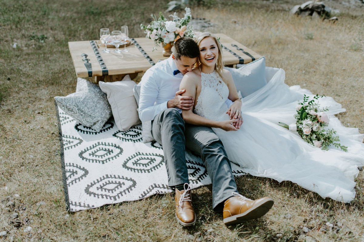 Harper and Trevor relax at Cascade Locks in Oregon. Elopement photography in Portland Oregon by Sienna Plus Josh.