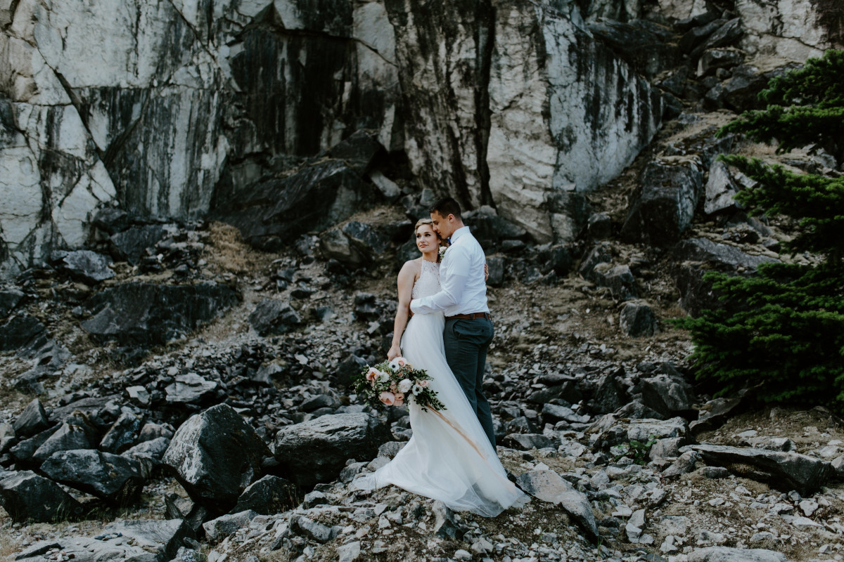 Harper and Trevor near the cliffs at the Columbia River Gorge, Oregon. Elopement photography in Portland Oregon by Sienna Plus Josh.