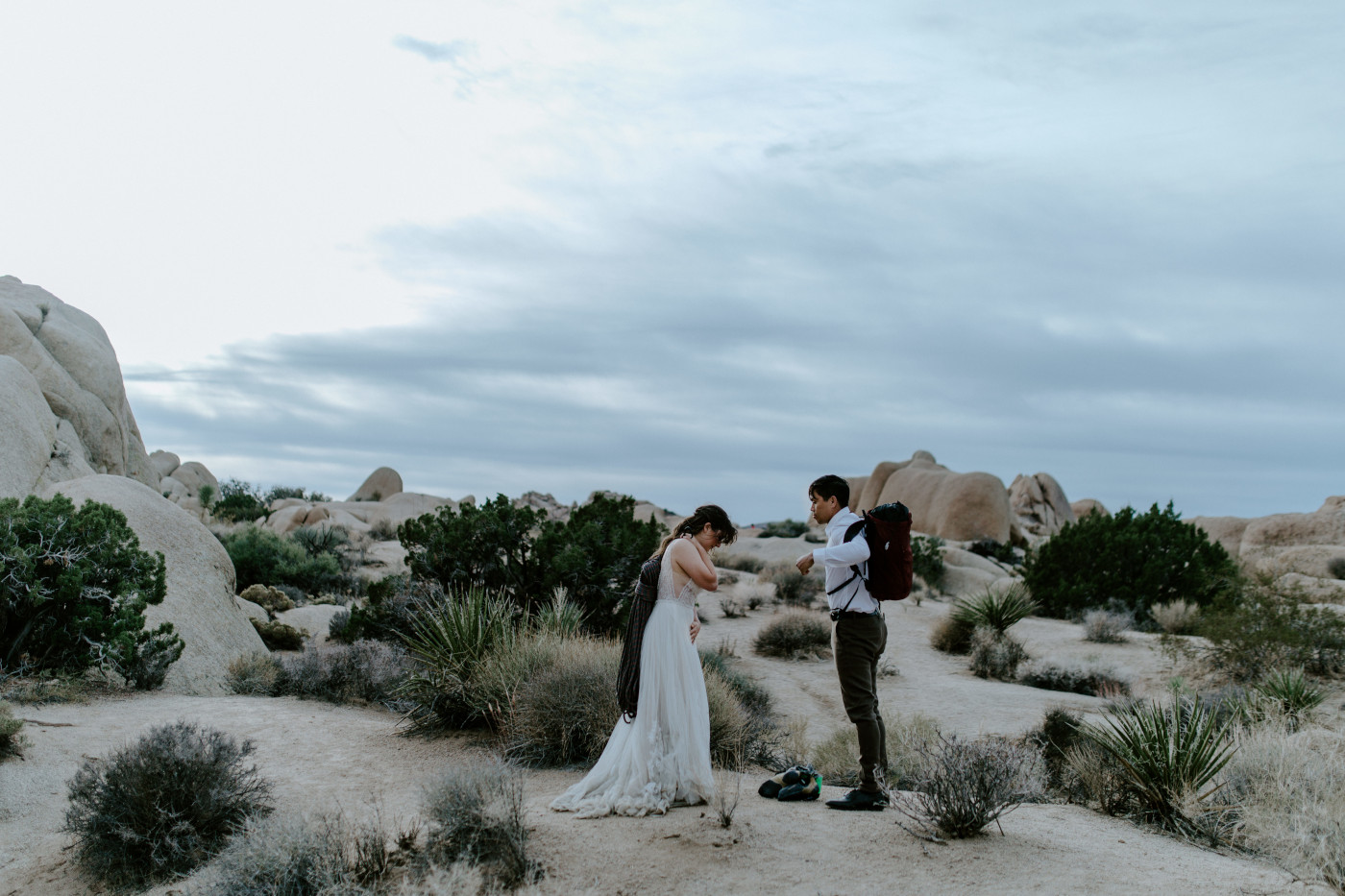 Shelby and Zack prepare to mountain climb in Joshua Tree.