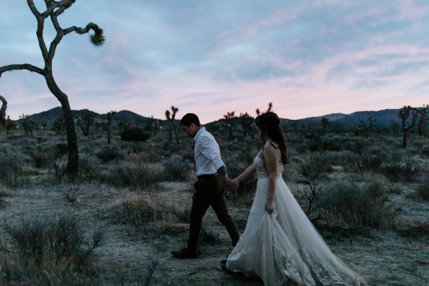 Zack holds Shelby's hand as they walk at sunset through Joshua Tree National Park.