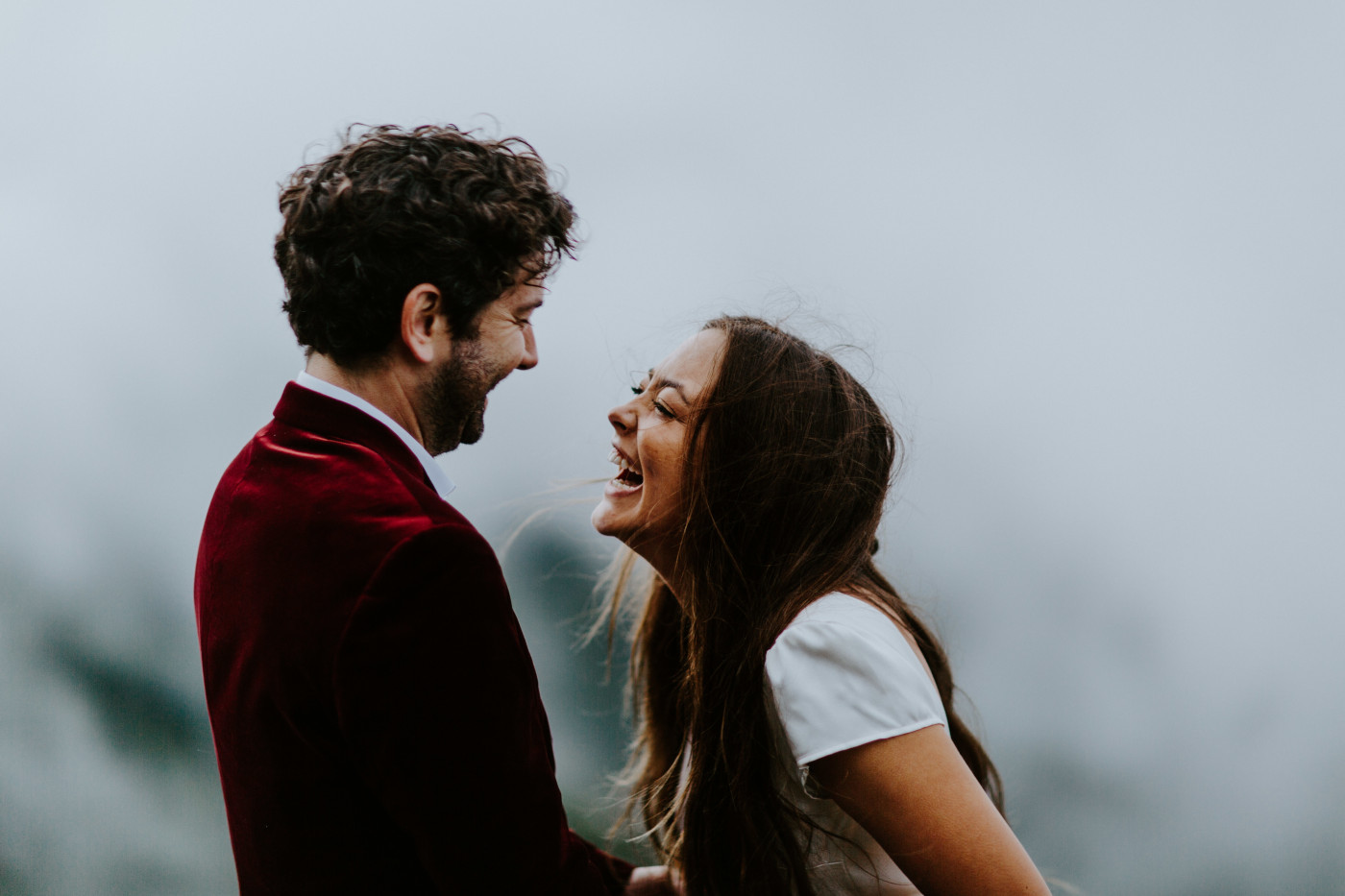 Murray and Katelyn laugh. Elopement wedding photography at Mount Hood by Sienna Plus Josh.