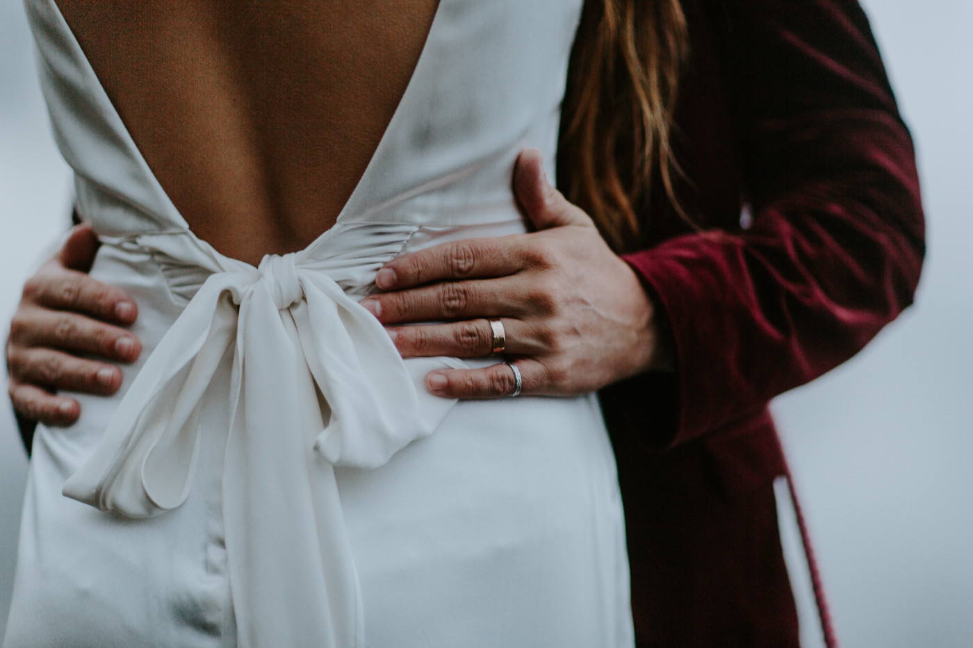 Murray has his hands on Katelyn's hips. Elopement wedding photography at Mount Hood by Sienna Plus Josh.