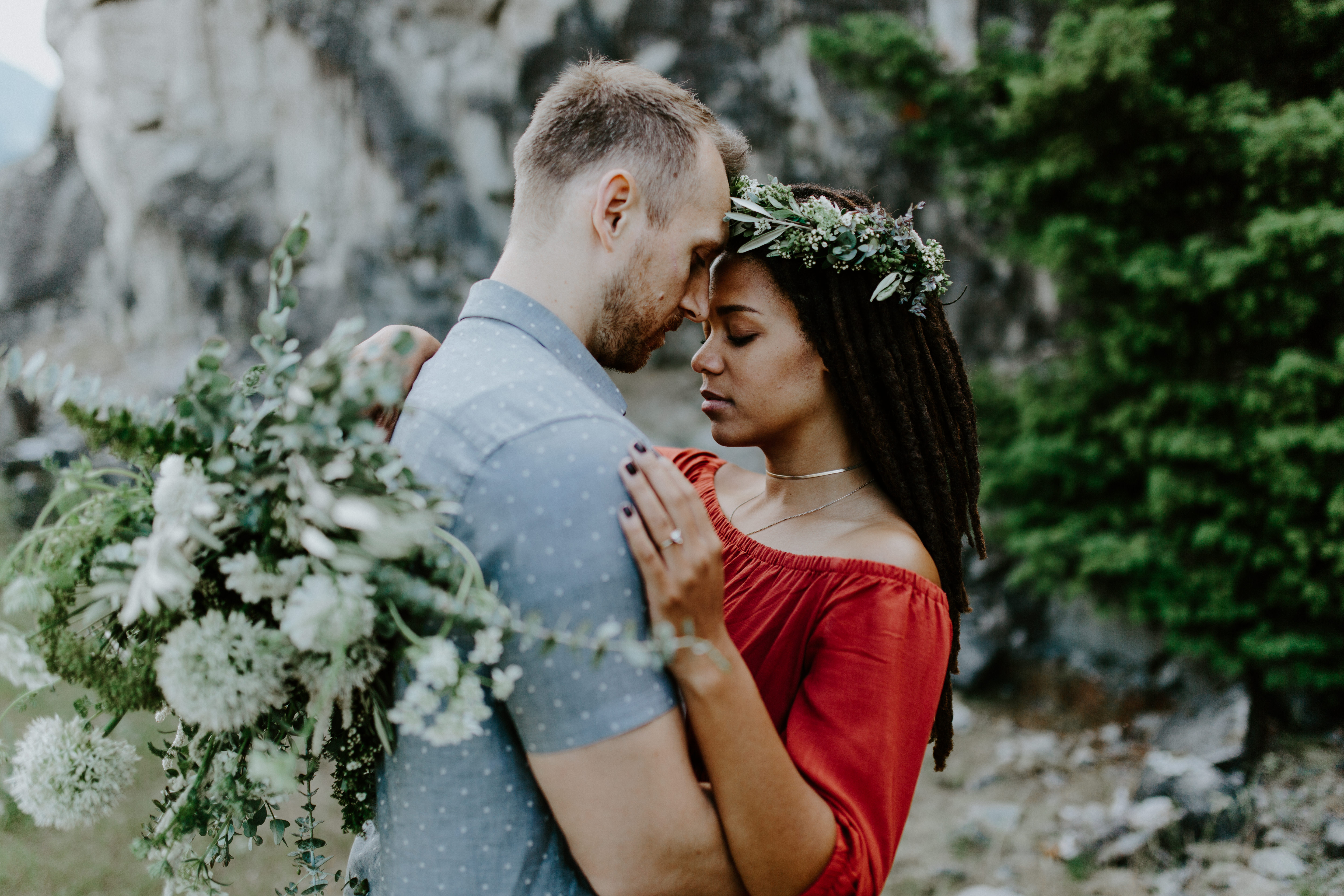 Garrett and Kayloni hug at Cascade Locks in Oregon. Engagement photography in Portland Oregon by Sienna Plus Josh.