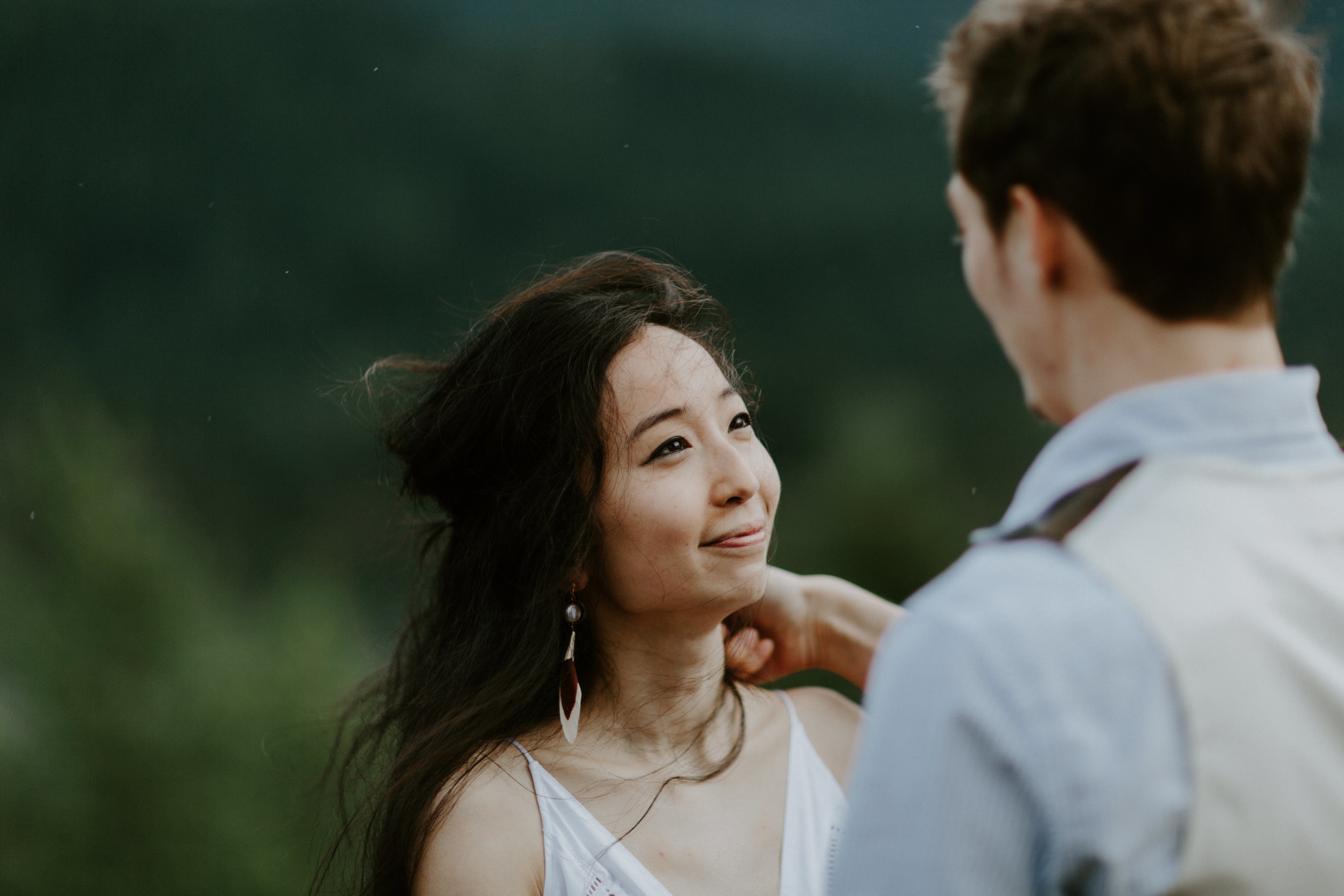 Kimberlie smiles at Jacob. Elopement wedding photography at Cascade Locks by Sienna Plus Josh.