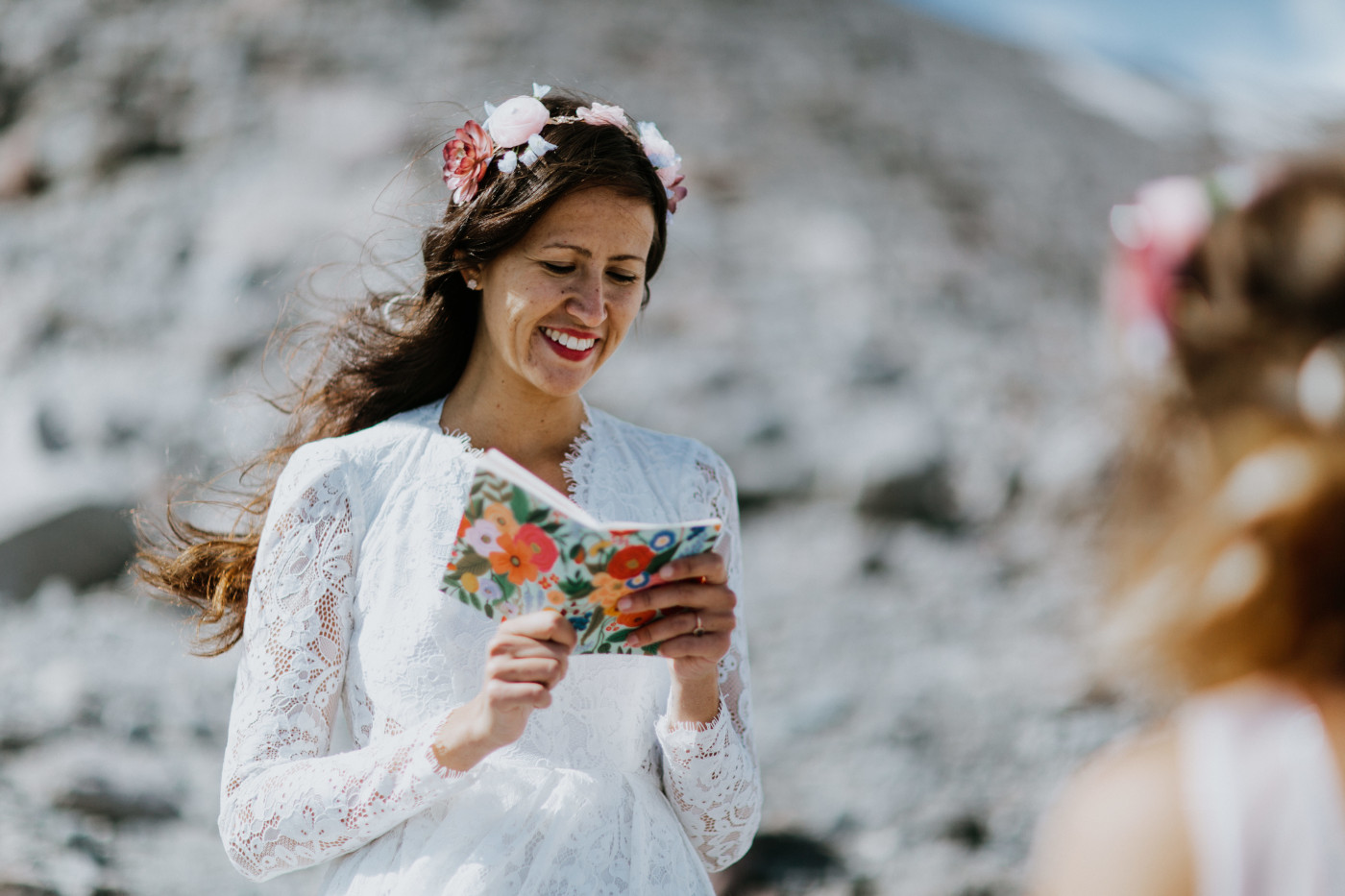 Margaux and Heather standing during their elopement ceremony. Elopement photography at Mount Hood by Sienna Plus Josh.