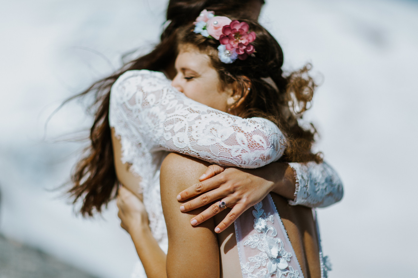 Margaux and Heather hug. Elopement photography at Mount Hood by Sienna Plus Josh.