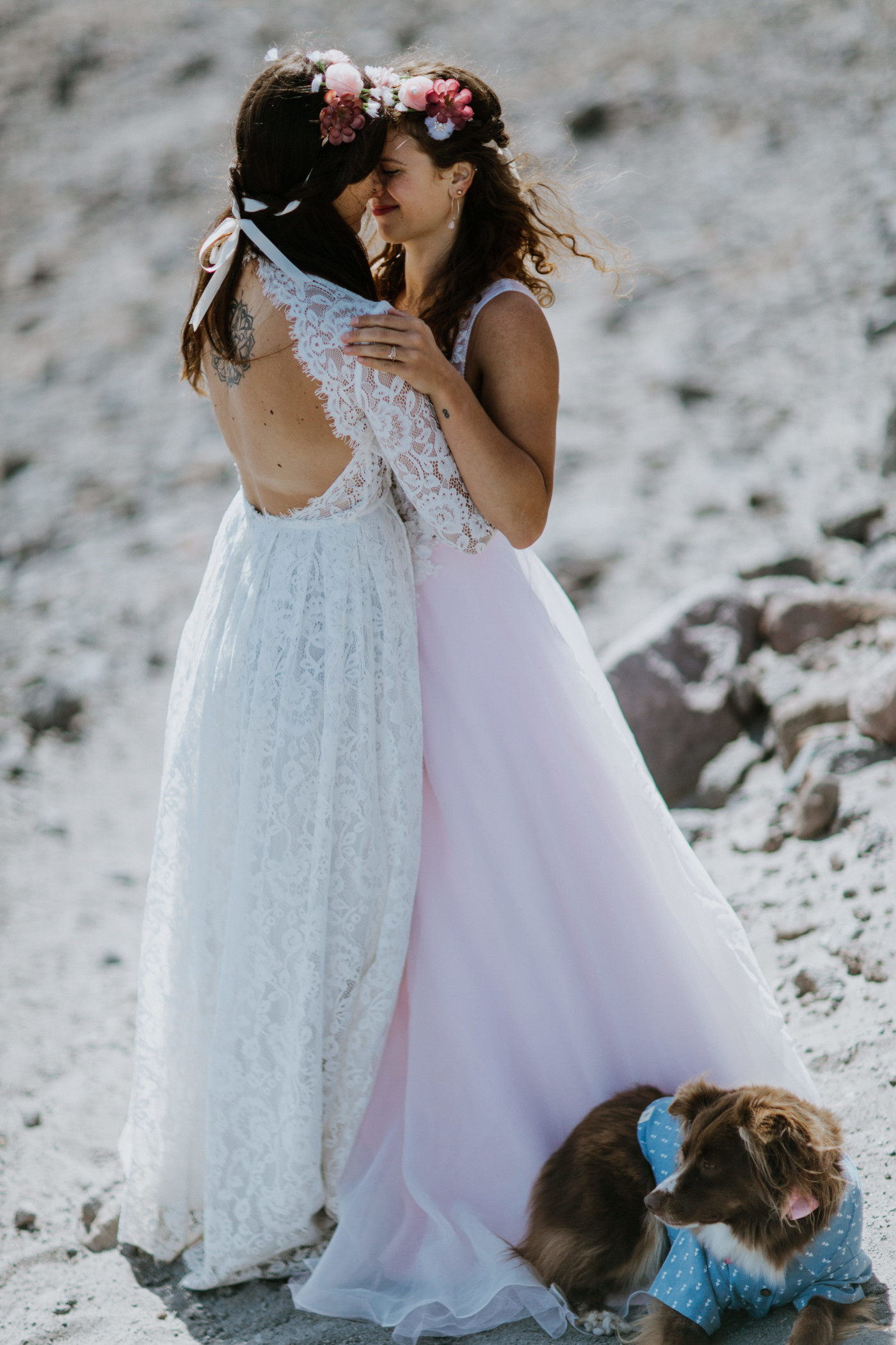 Margaux and Heather stand together after their ceremony. Elopement photography at Mount Hood by Sienna Plus Josh.