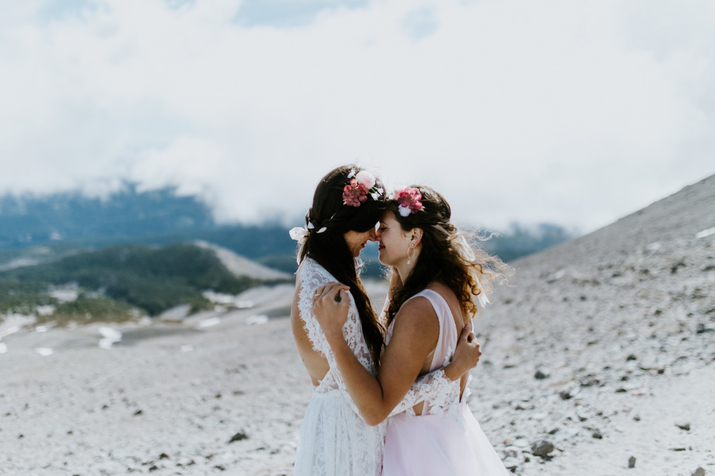 Margaux and Heather smile as they dance. Elopement photography at Mount Hood by Sienna Plus Josh.