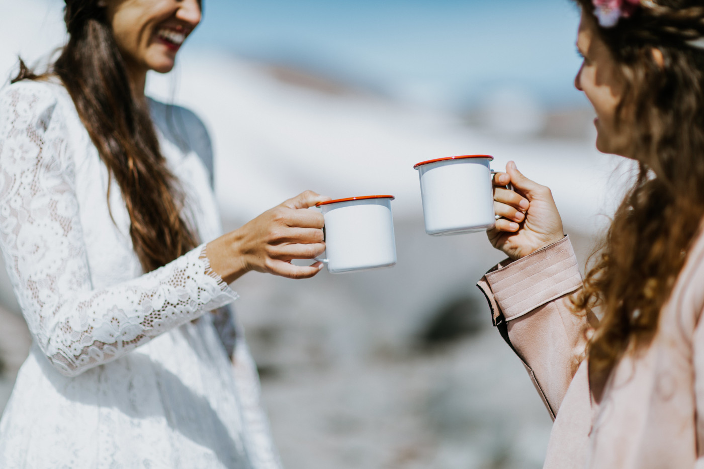 Margaux and Heather cheers. Elopement photography at Mount Hood by Sienna Plus Josh.