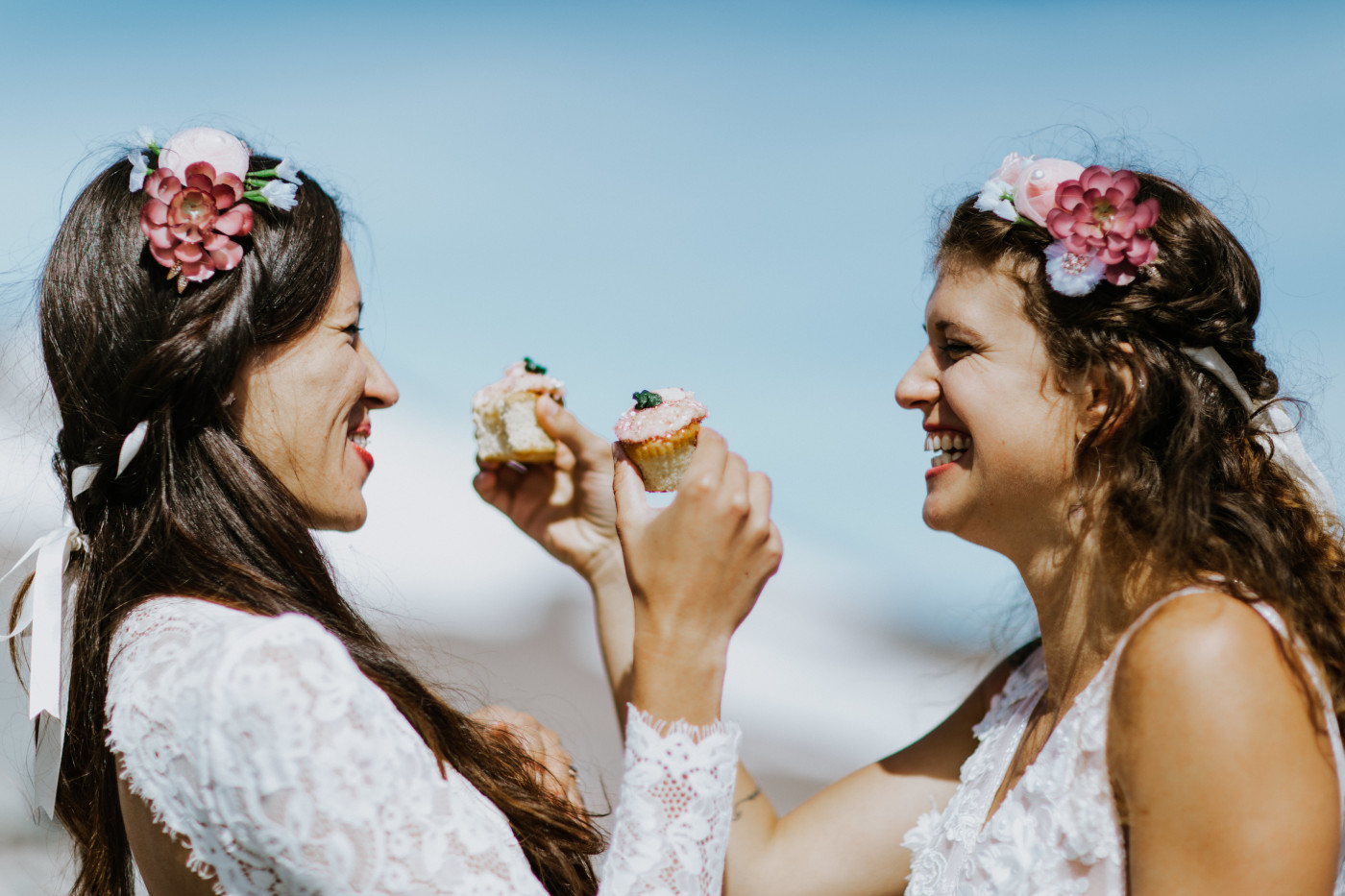 Margaux and Heather smile at each other. Elopement photography at Mount Hood by Sienna Plus Josh.