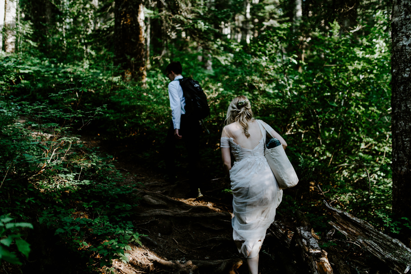 Kylie and Corey Hike up a path to the view of Mount Hood.