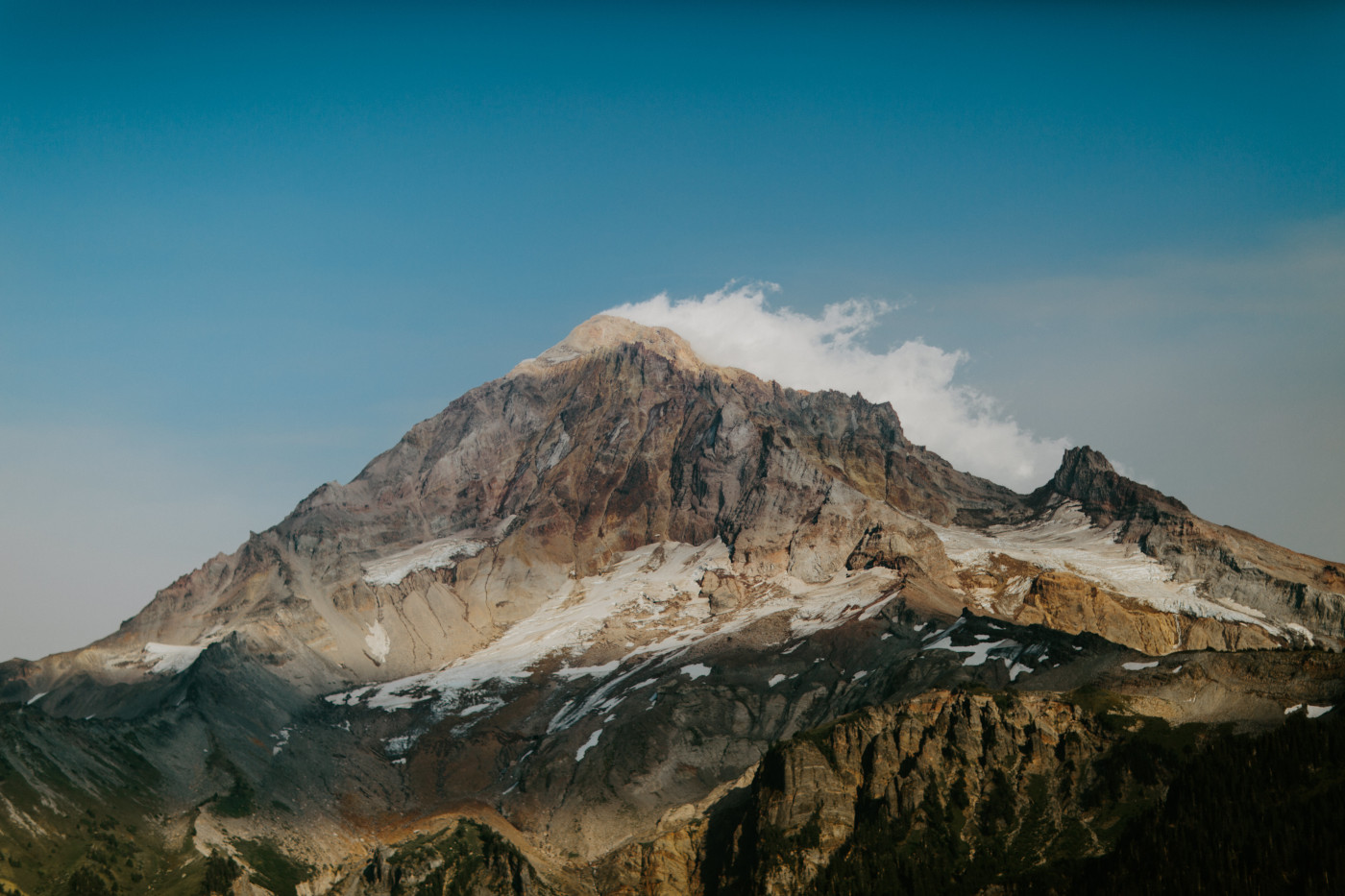 A clear view of Mount Hood from the forest.