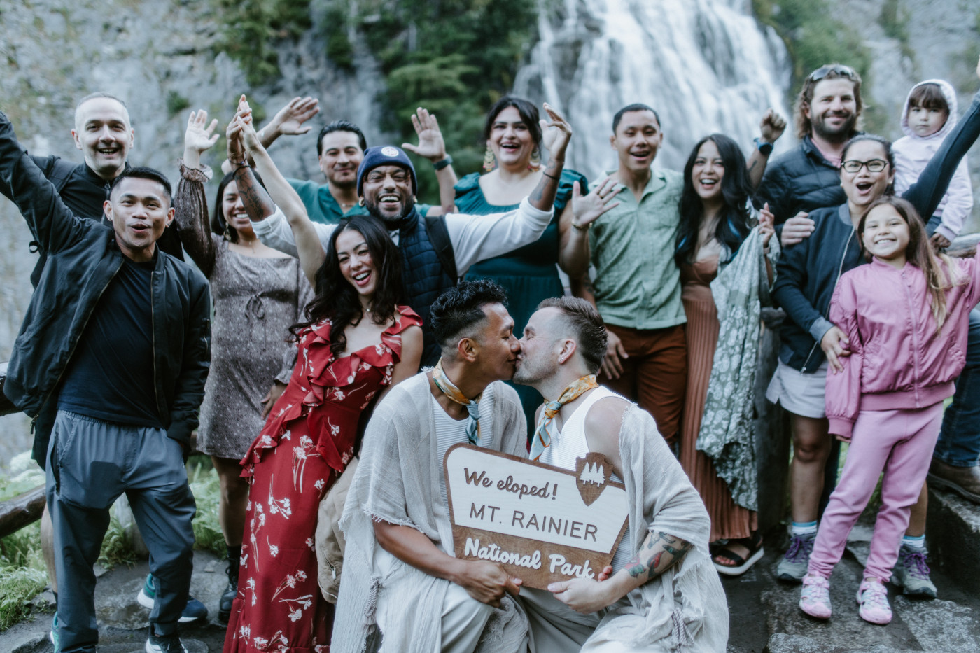 Brooks and Fred celebrate with friends and family after their Mount Rainier Elopement.