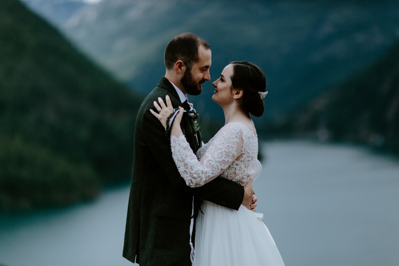 Alex and Elizabeth admire each other. Elopement photography at North Cascades National Park by Sienna Plus Josh.