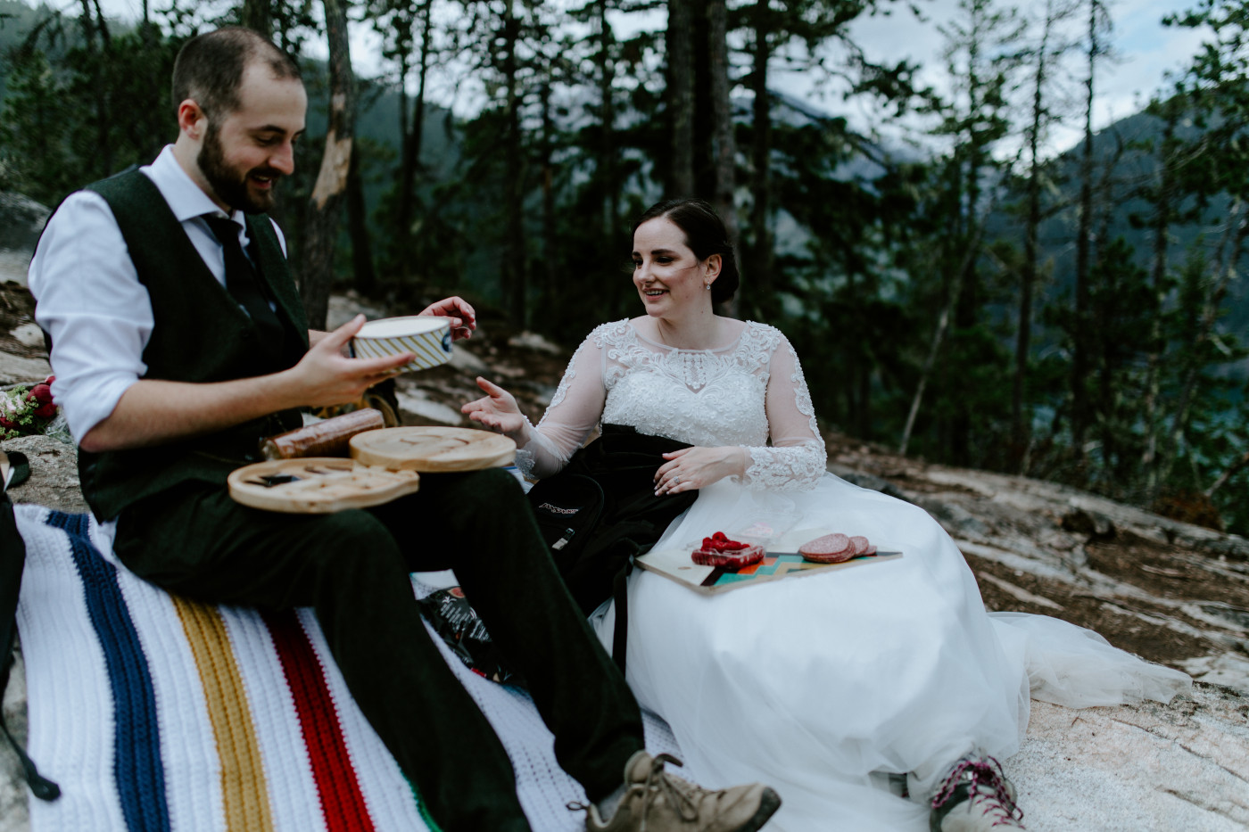 Elizabeth and Alex have their wedding day picnic. Elopement photography at North Cascades National Park by Sienna Plus Josh.