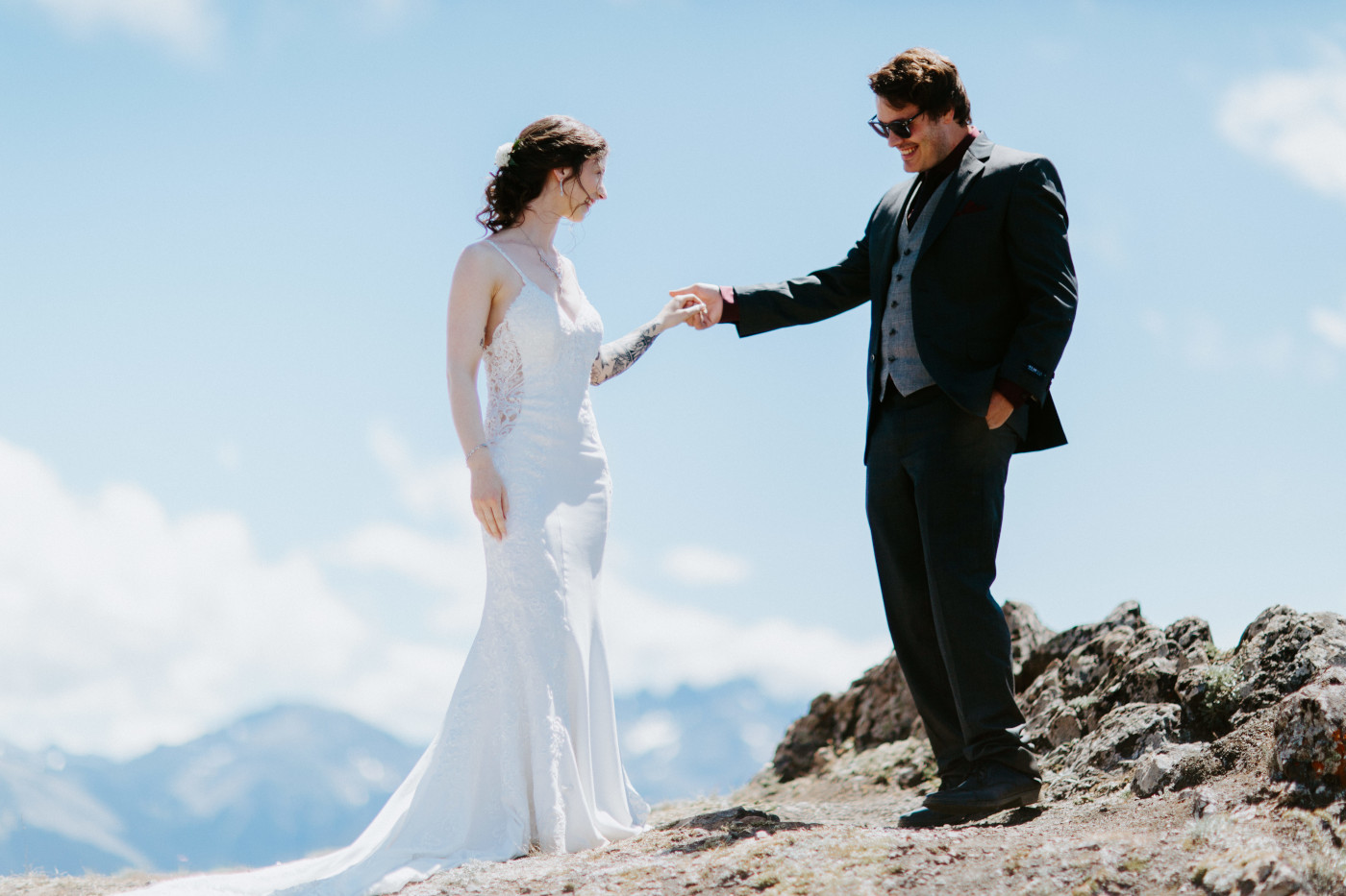 The groom admires his bride before the elopement at Olympic National Park.