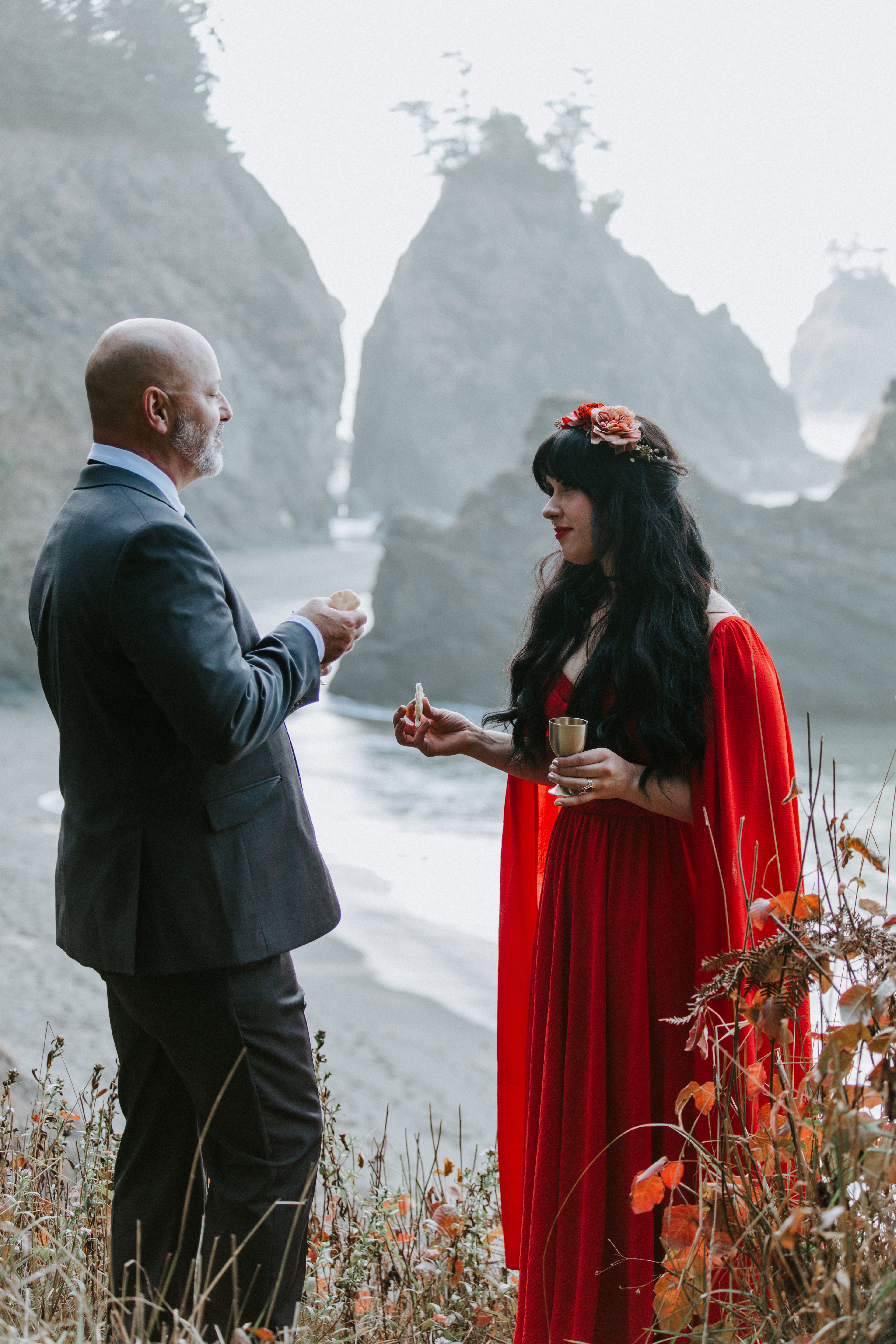 Boyd and Rachael share a drink and snacks after their elopement ceremony in Samuel H. Boardman, Oregon.