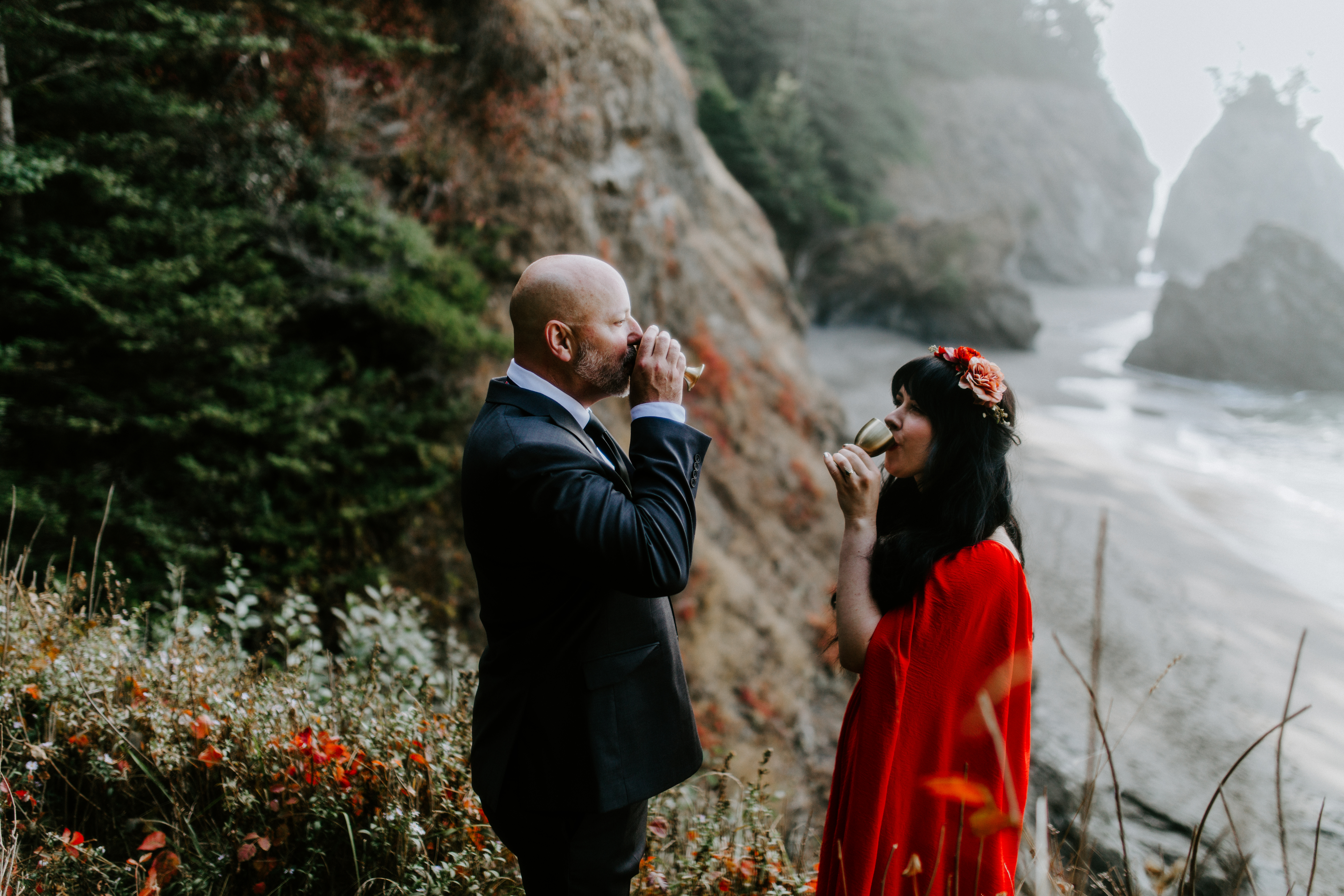 Rachael and Boyd have a celebratory drink after their elopement at Samuel H. Boardman, Oregon.