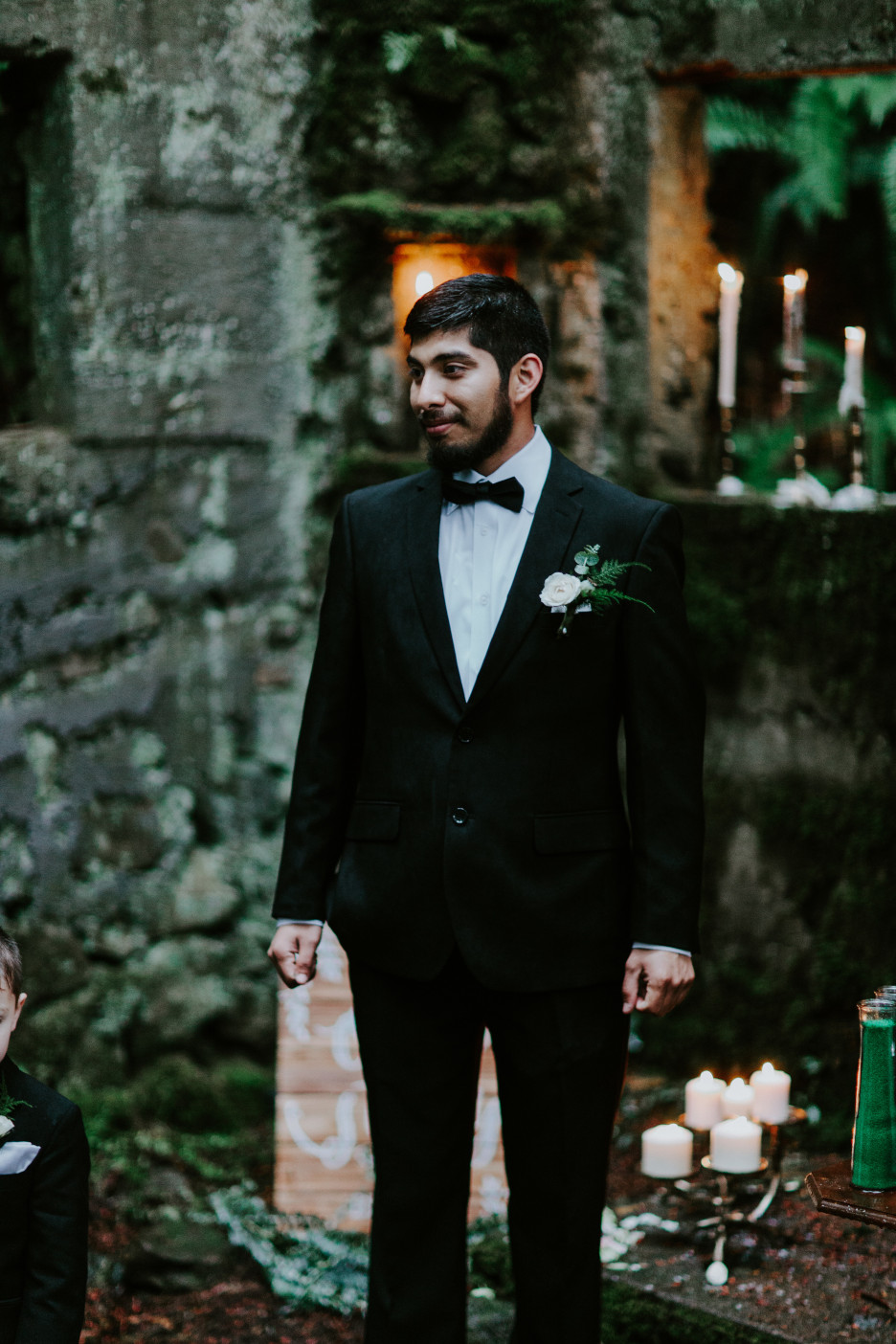 Sam watches Sarah as she walks up to the altar at Skamania House, Washington. Elopement photography in Portland Oregon by Sienna Plus Josh.