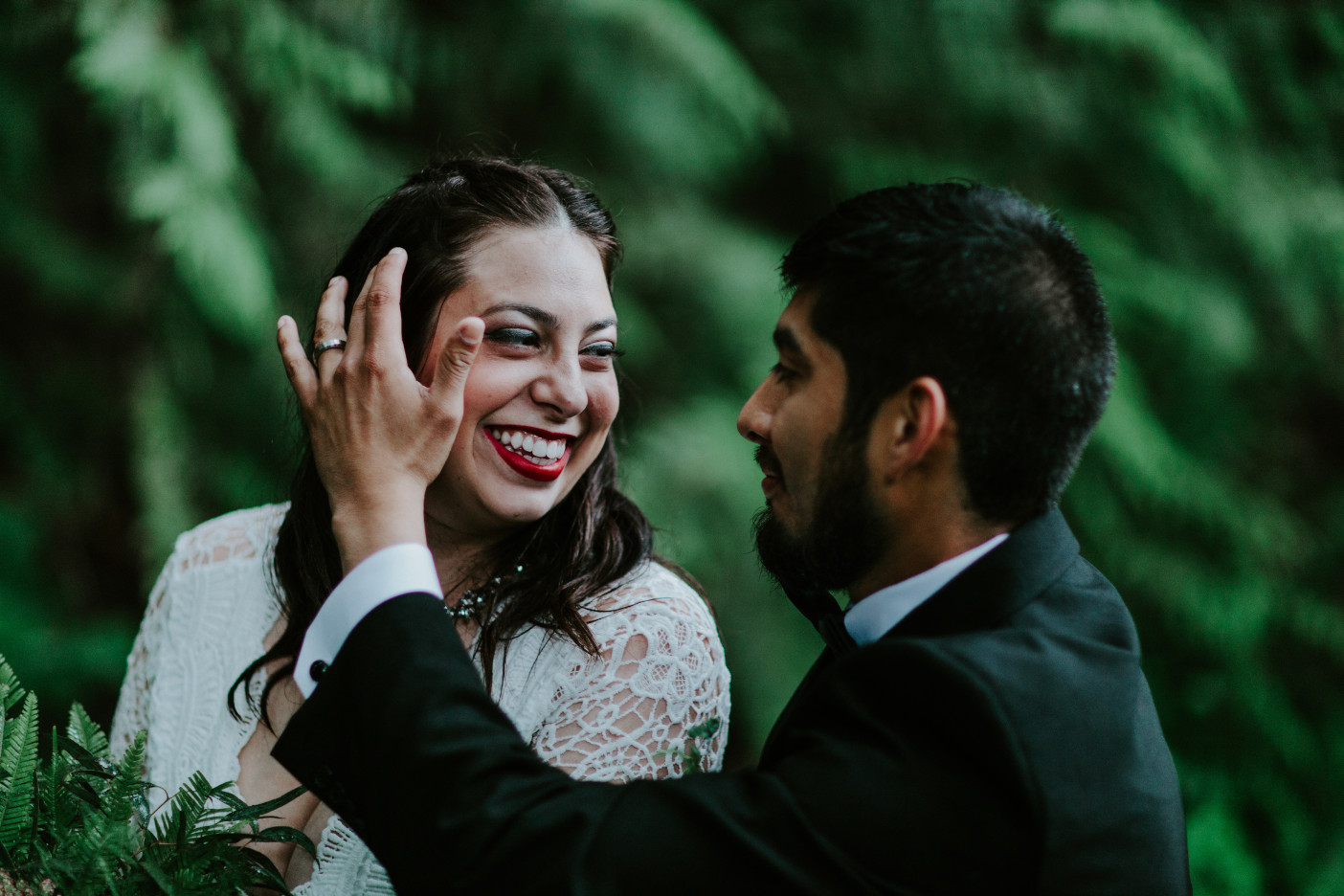 Sam brushes Sarah's hair aside at Skamania House, Washington. Elopement photography in Portland Oregon by Sienna Plus Josh.