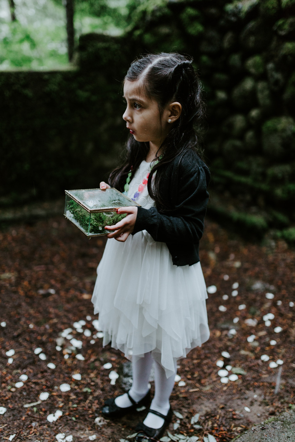 Sam and Sarah's daugter stands with the box of rings at Skamania House, Washington. Elopement photography in Portland Oregon by Sienna Plus Josh.