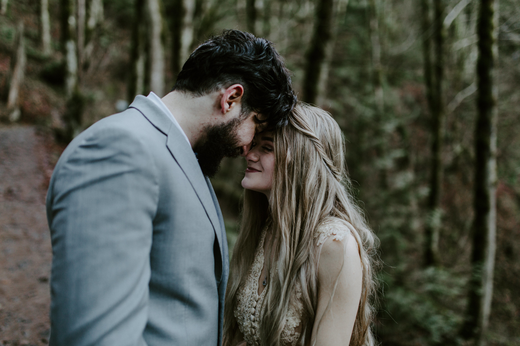 Boris and Tyanna smile forehead to forehead. Adventure elopement in the Columbia River Gorge by Sienna Plus Josh.