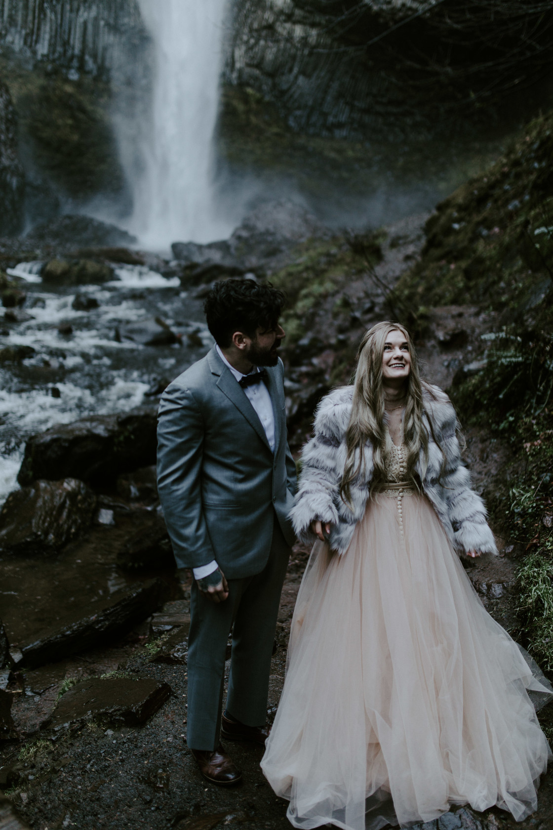 Tyanna and Boris smile at their officiant. Adventure elopement in the Columbia River Gorge by Sienna Plus Josh.