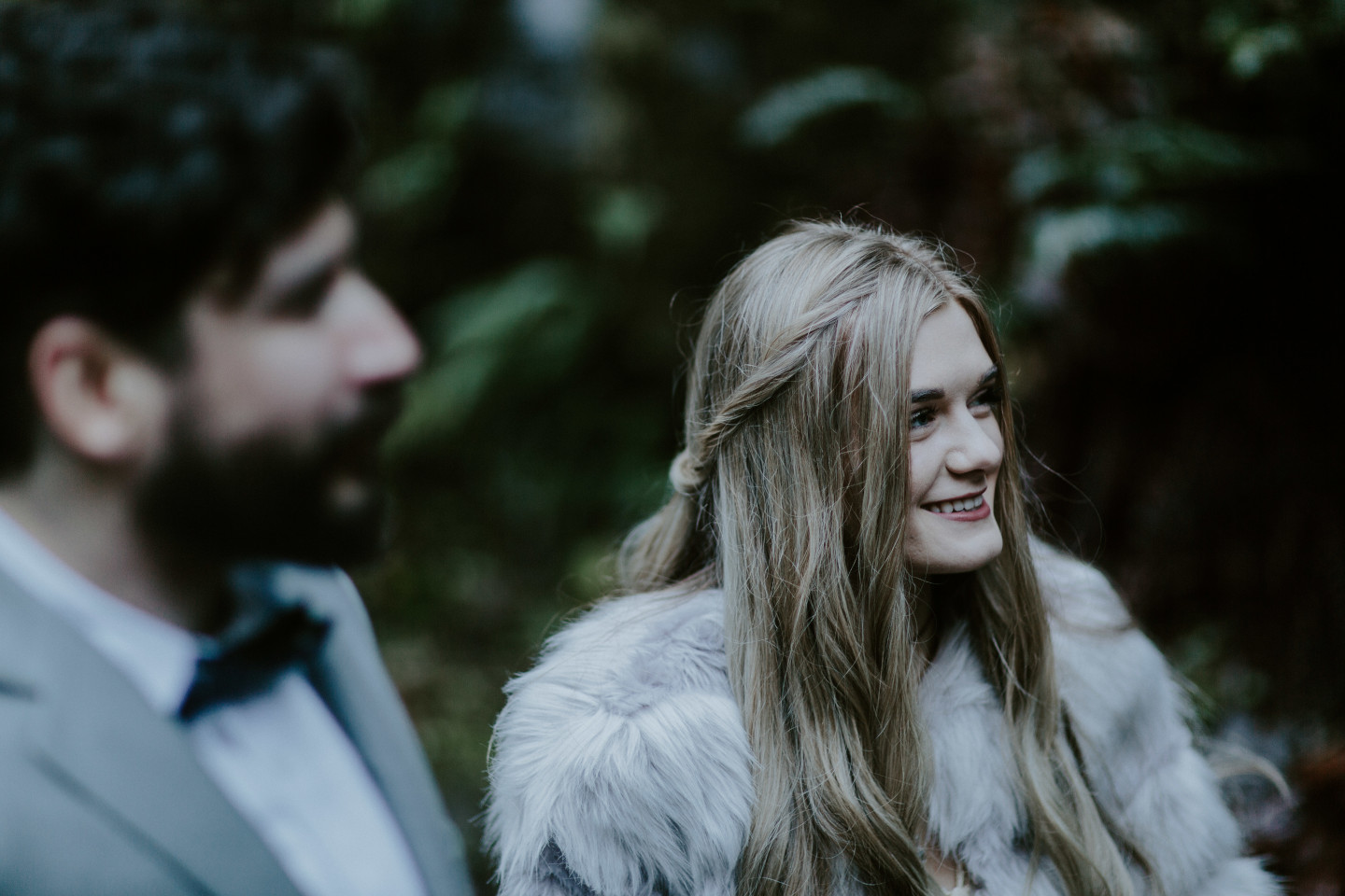 Tyanna and Boris smile at their officiant. Adventure elopement in the Columbia River Gorge by Sienna Plus Josh.