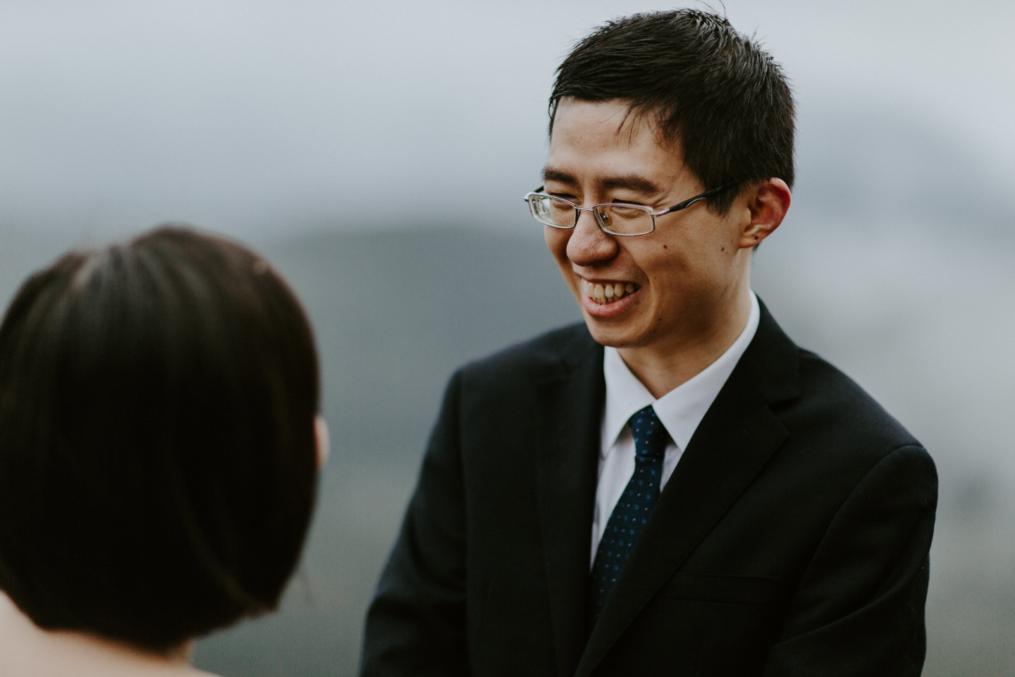 Alex smiles at Valerie. Elopement wedding photography at Mount Hood by Sienna Plus Josh.