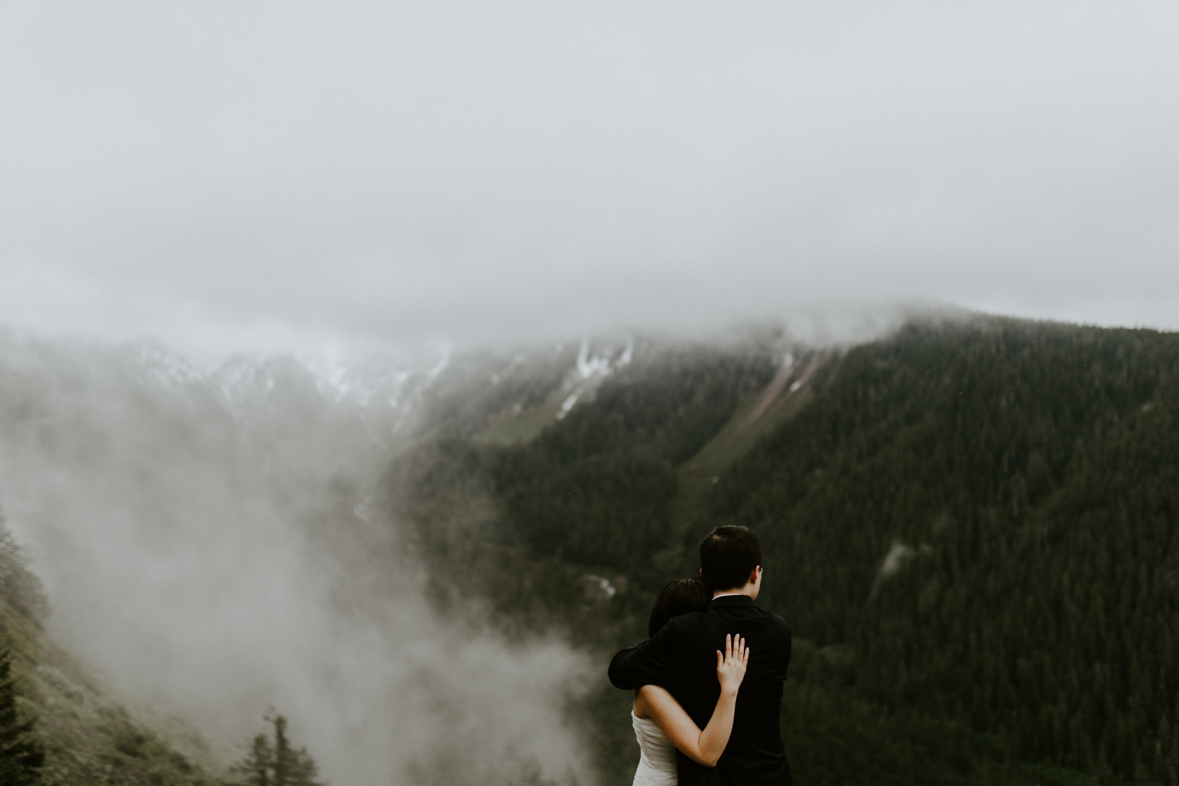 Valerie and Alex hug at Mount Hood. Elopement wedding photography at Mount Hood by Sienna Plus Josh.