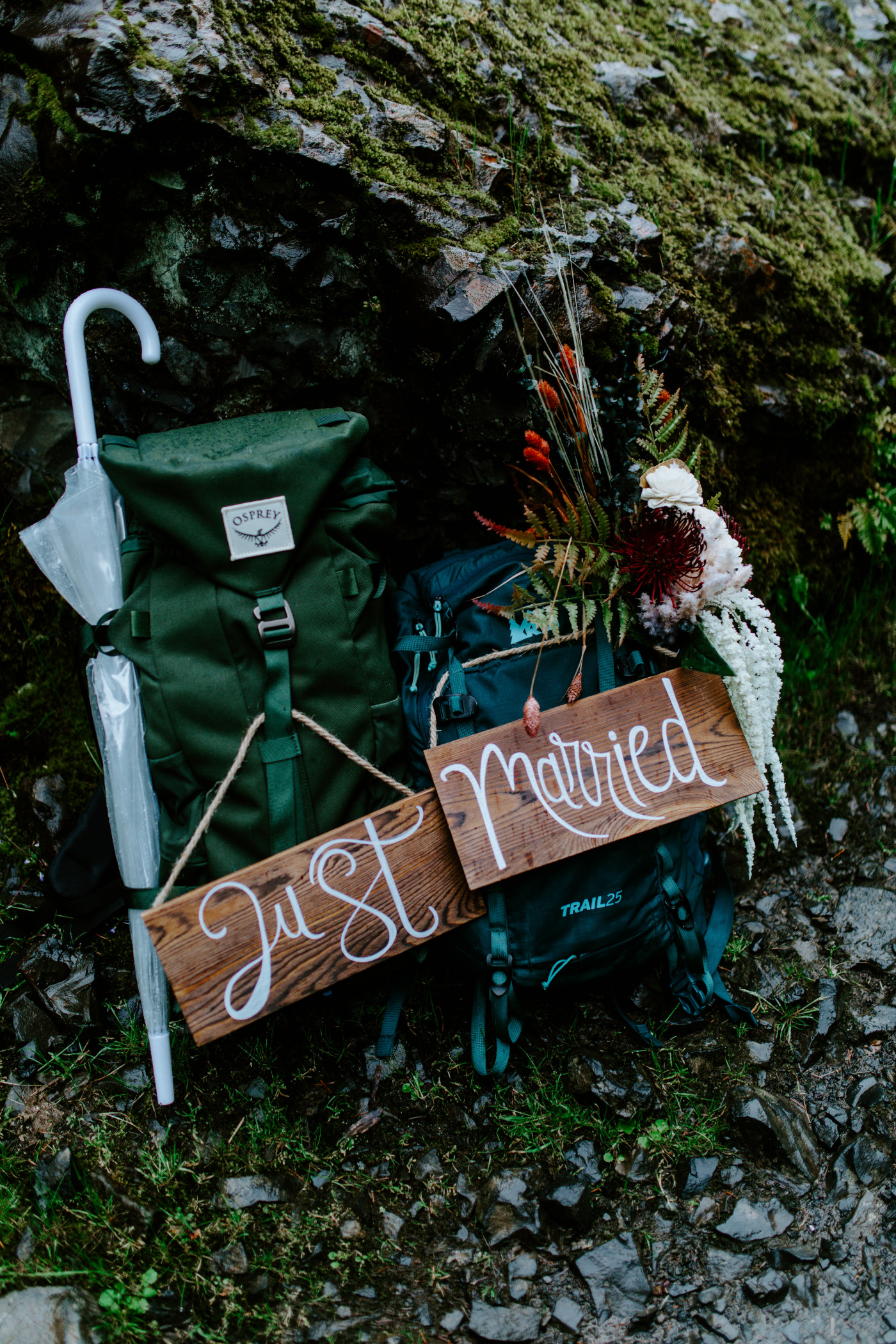 Jordan and Andrew's backpacks decorated for their elopement.